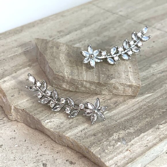 NEW ~ Anthropologie Floral Crystal Ear Climber Earrings - Picture 9 of 9